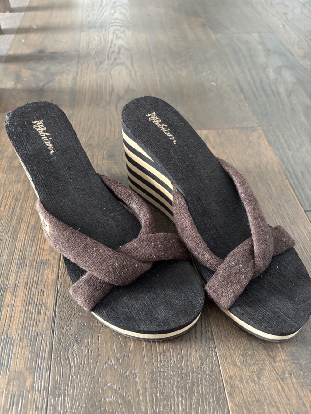 Cobian Brown Twisted Fabric Wedge Slide Sandals with Striped Heel